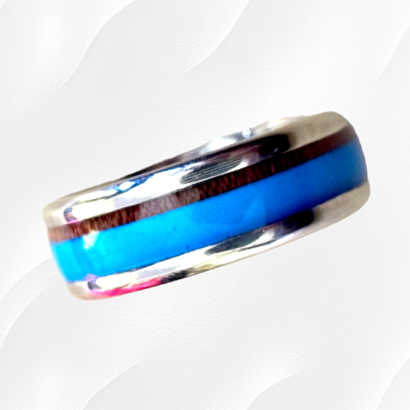 Turquoise Wood Pattern Band Inlay Stainless Steel Fashion Ring Size 11 - Picture 5 of 7